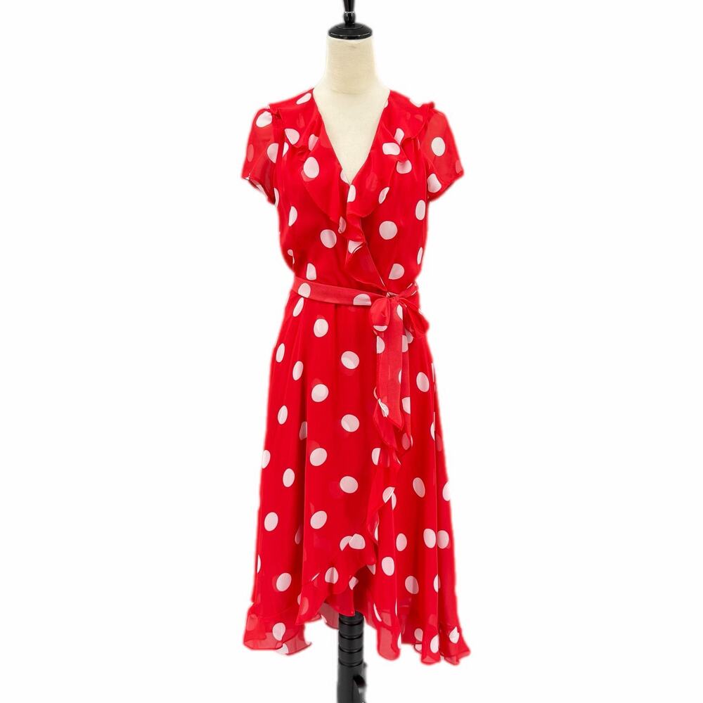 Gabby Skye Red White Polka Dot Ruffle Trim Crepe Short Sleeve Wrap Midi Dress